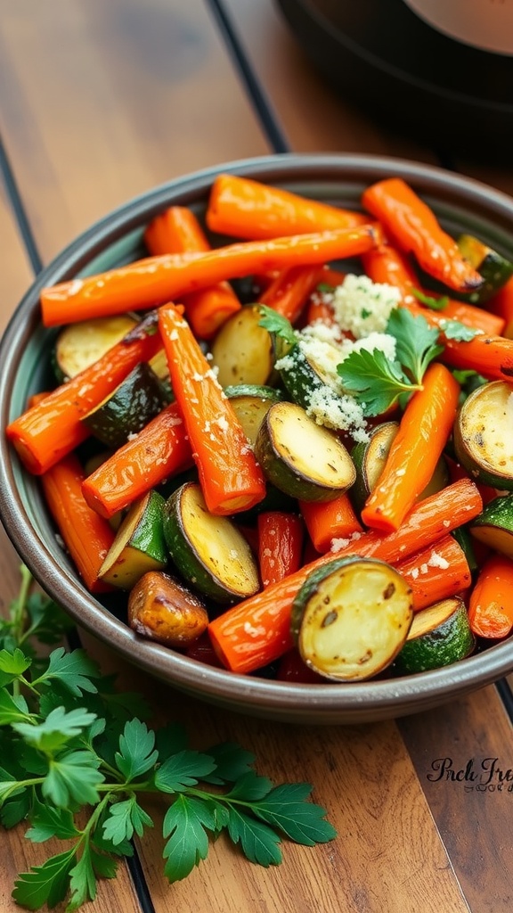 A bowl of crispy air fryer roasted vegetables with carrots, zucchini, and bell peppers, garnished with Parmesan cheese.